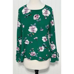 Live To Be Spoiled Floral Print Long Bell Sleeve Blouse Keyhole Back Green Large